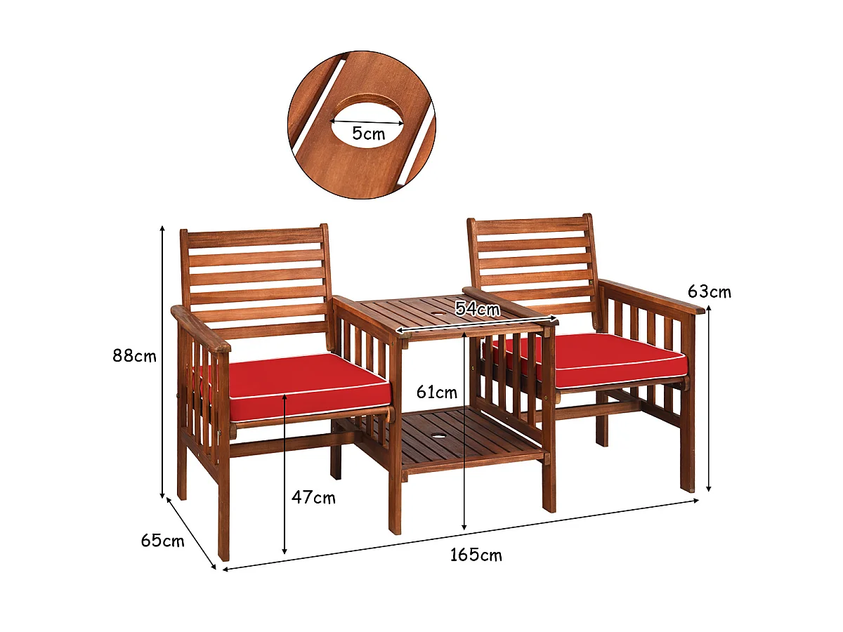 Salon de Jardin en Bois d'Acacia 2 Personnes Charge 160KG Ensemble de Meubles avec Table Basse 2 Chaises et Coussin Trou de Parasol de 5CM Rouge