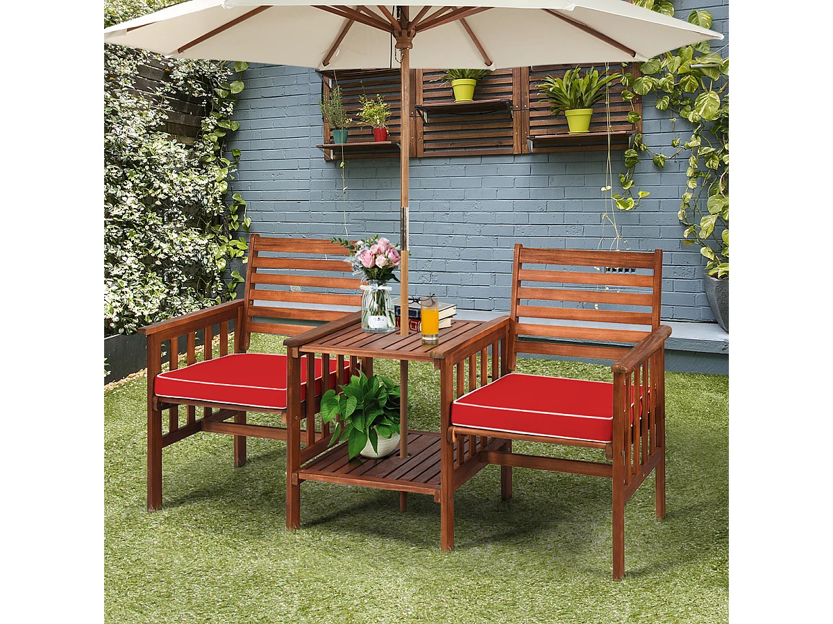 Salon de Jardin en Bois d'Acacia 2 Personnes Charge 160KG Ensemble de Meubles avec Table Basse 2 Chaises et Coussin Trou de Parasol de 5CM Rouge