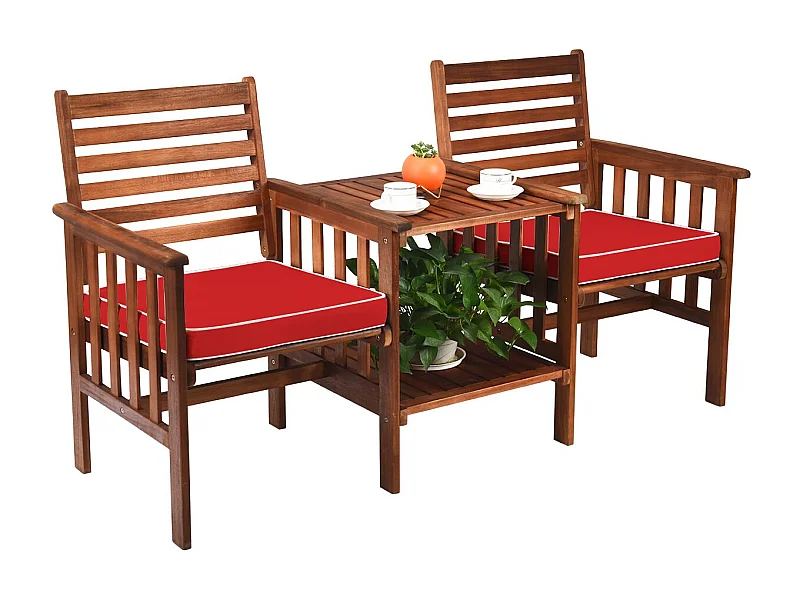 Salon de Jardin en Bois d'Acacia 2 Personnes Charge 160KG Ensemble de Meubles avec Table Basse 2 Chaises et Coussin Trou de Parasol de 5CM Rouge