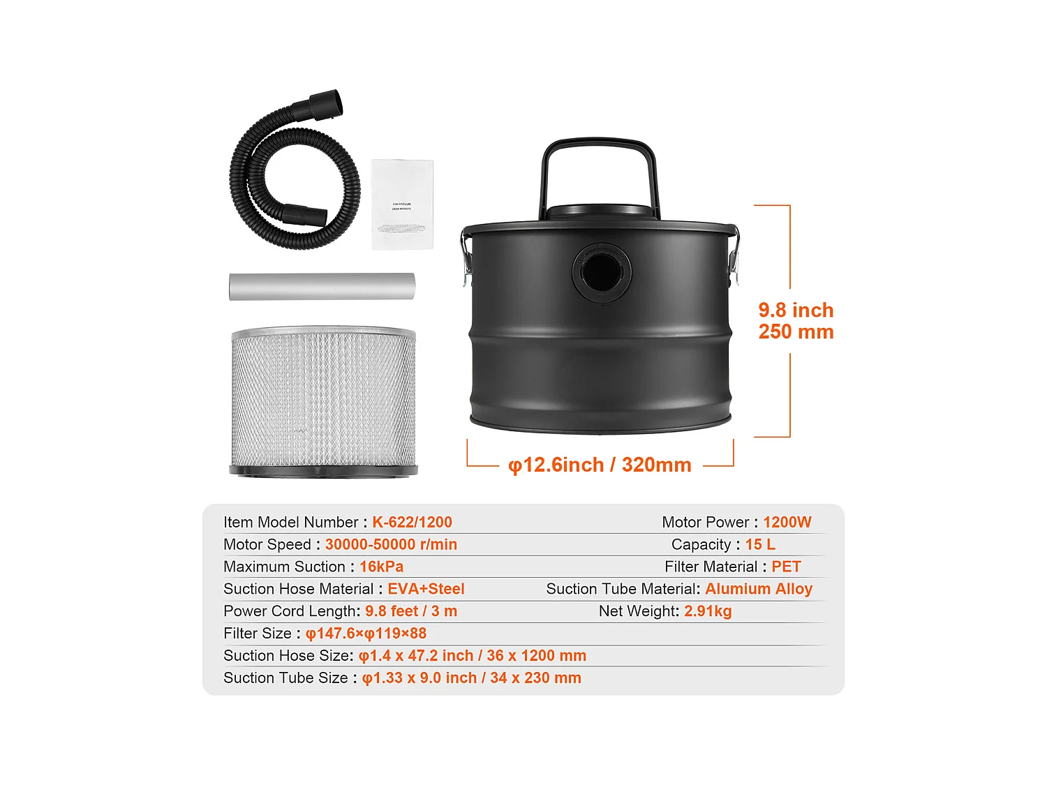 Aspirateur SucceBuy Aspirateur à Cendres 15L, 1200W pour Cheminées et Poêles à Granulés