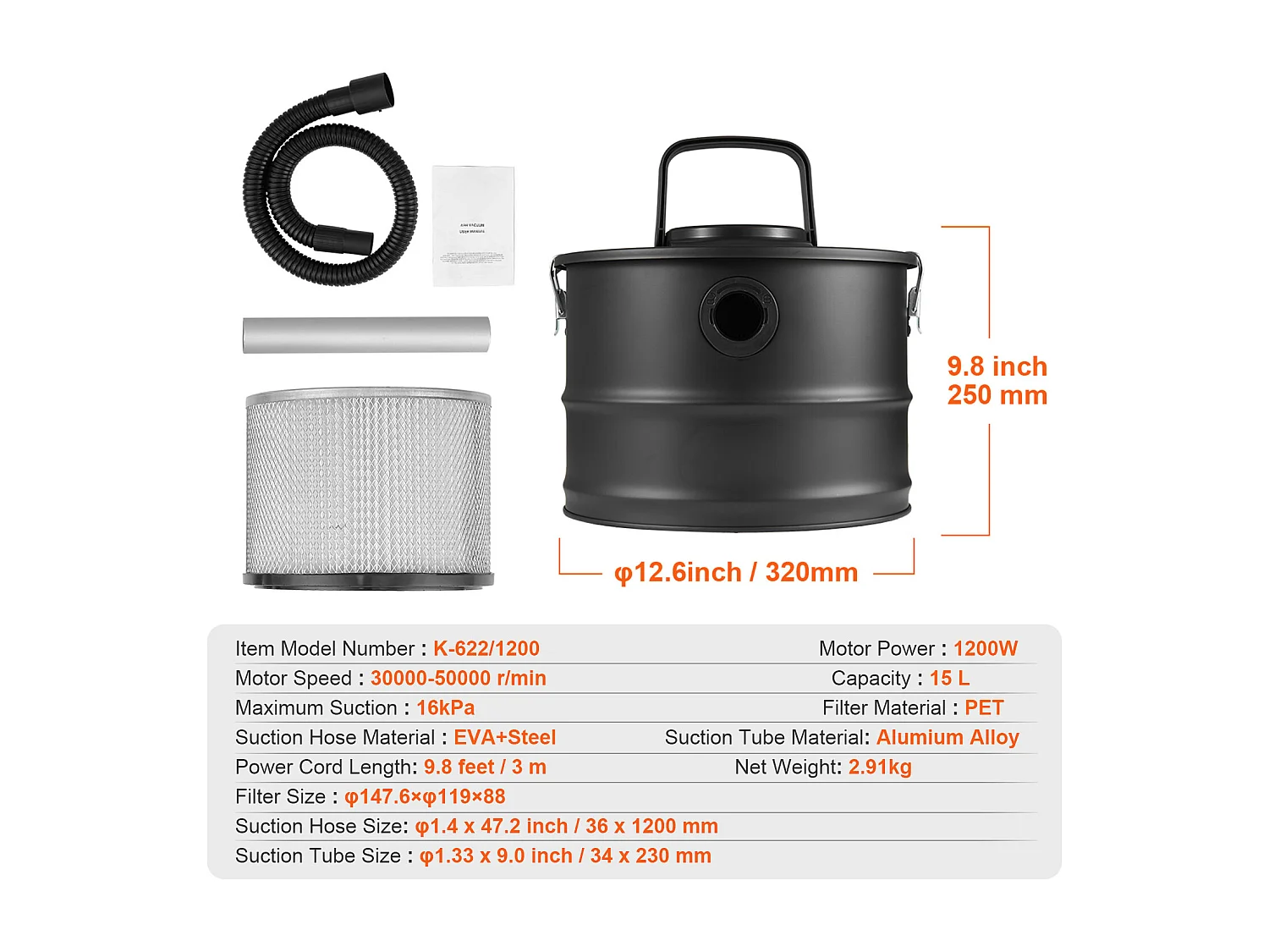 Aspirateur SucceBuy Aspirateur à Cendres 15L, 1200W pour Cheminées et Poêles à Granulés