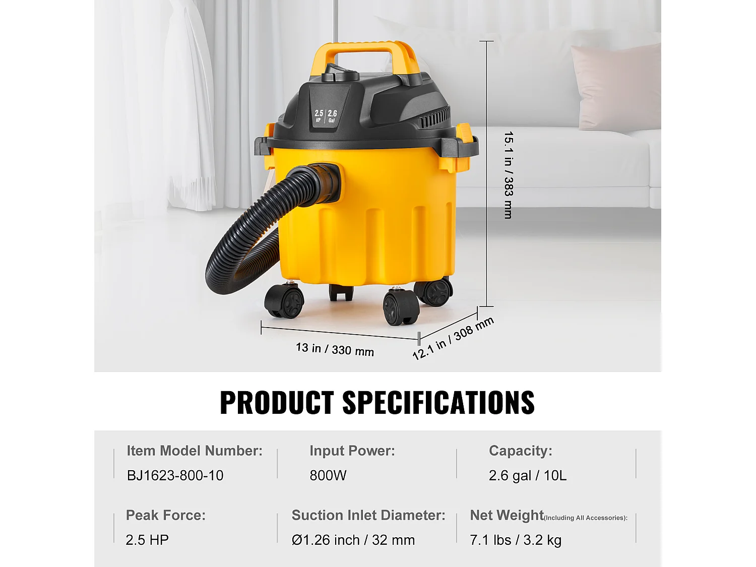 Aspirateur Eau et Poussiere  Sec/Humide SucceBuy, 1,49kW 10 L de Pointe avec Accessoires de Buse Jaune