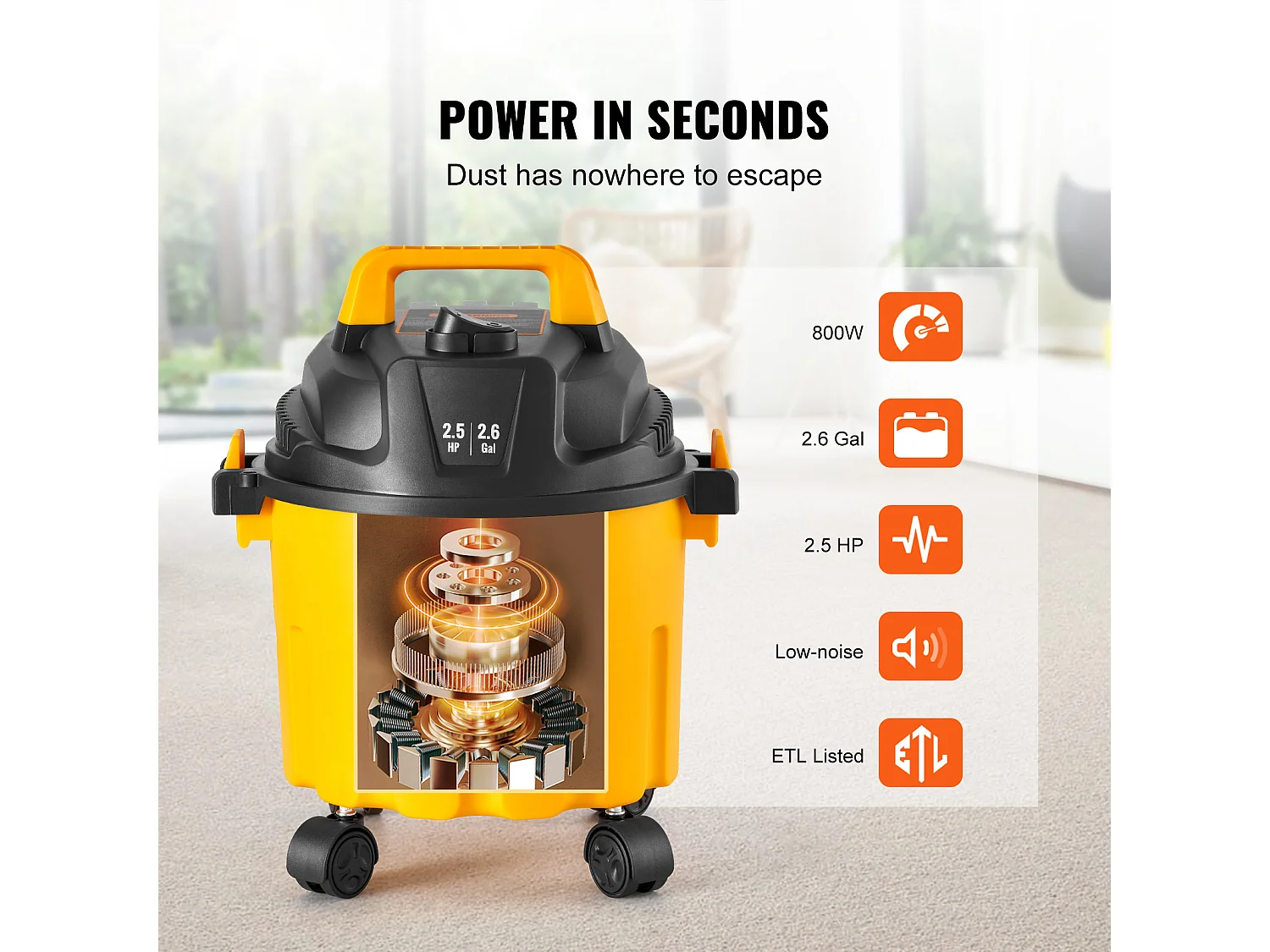 Aspirateur Eau et Poussiere  Sec/Humide SucceBuy, 1,49kW 10 L de Pointe avec Accessoires de Buse Jaune