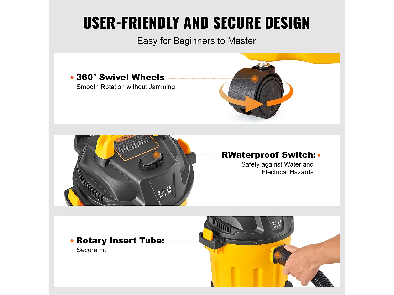 Aspirateur Eau et Poussiere  Sec/Humide SucceBuy, 1,49kW 10 L de Pointe avec Accessoires de Buse Jaune