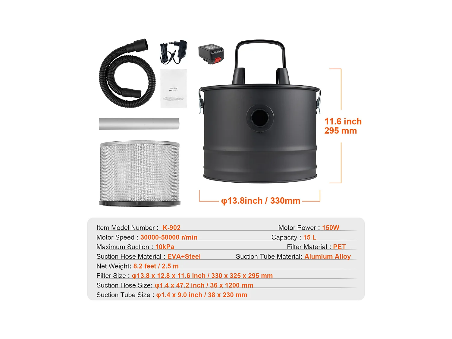 Aspirateur à Cendres 15L SucceBuy , 10KPa pour Cheminées et Poêles à Granulés