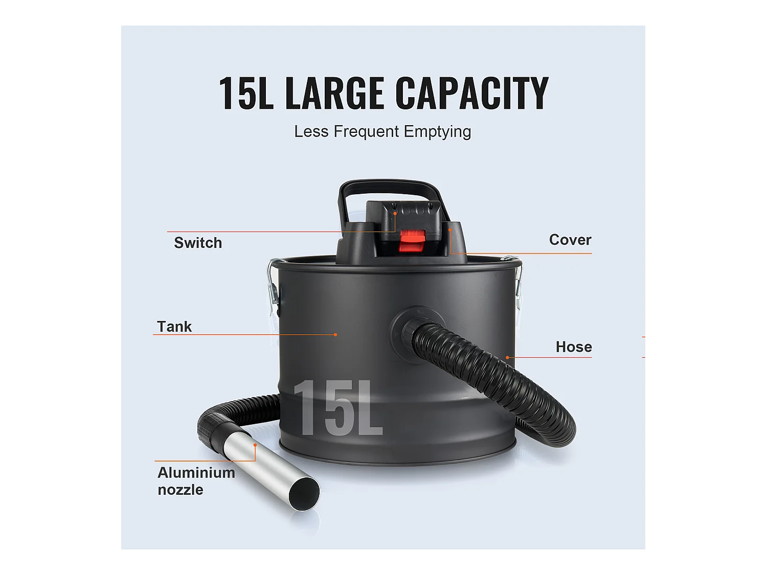 Aspirateur à Cendres 15L SucceBuy , 10KPa pour Cheminées et Poêles à Granulés