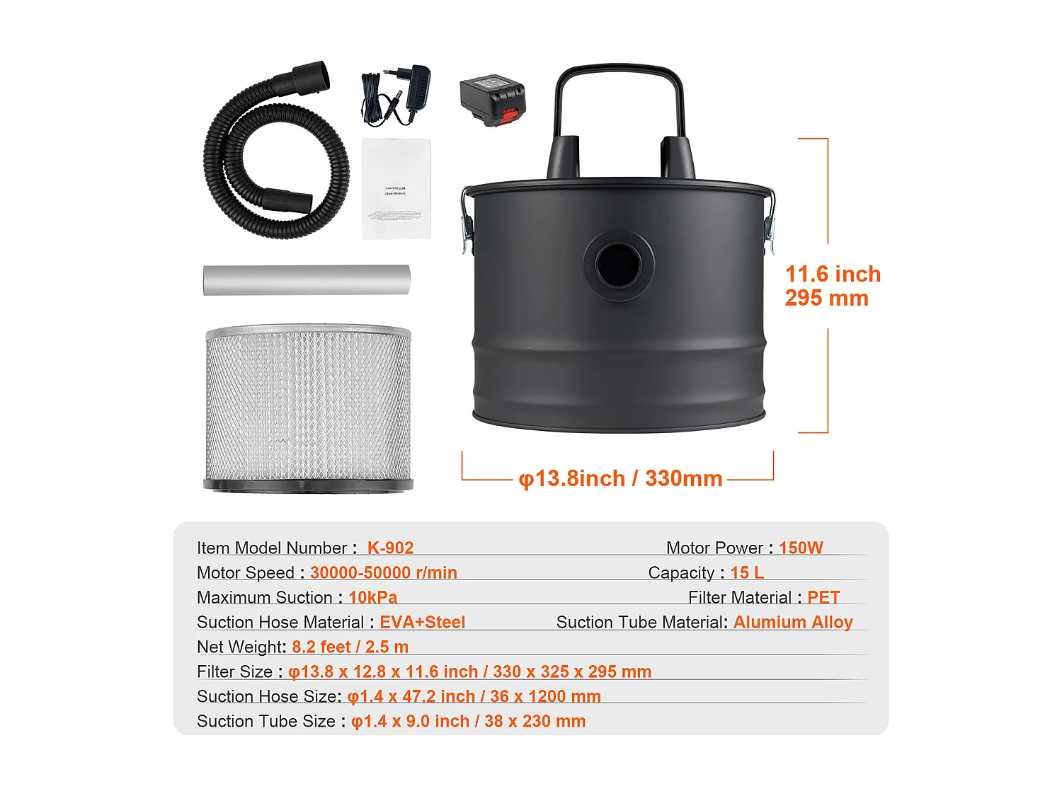 Aspirateur à Cendres 15L SucceBuy , 10KPa pour Cheminées et Poêles à Granulés