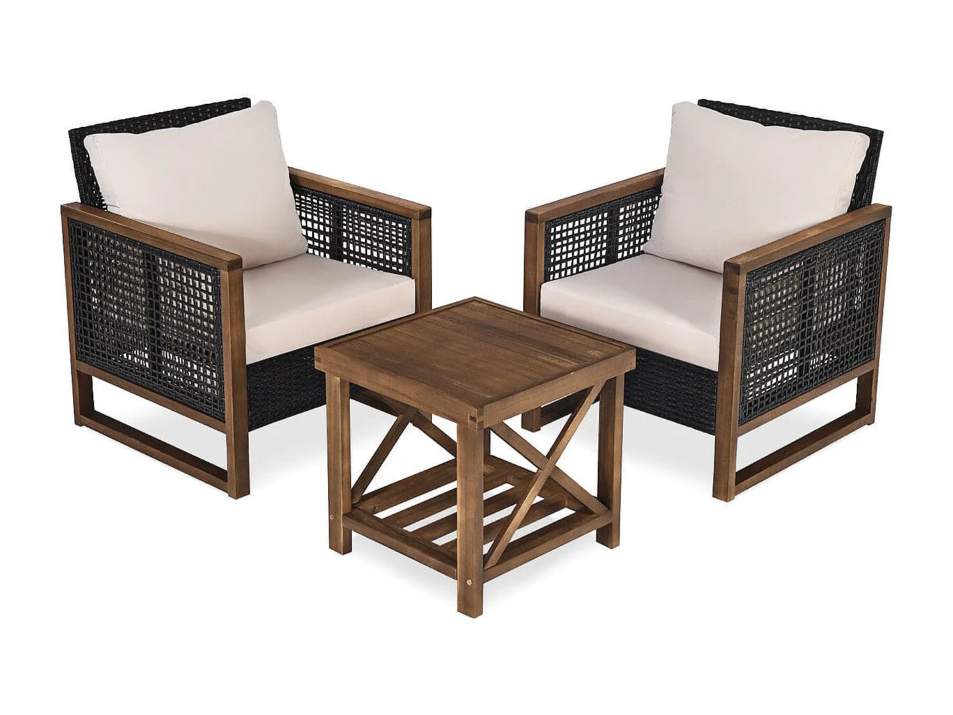 Set di 3 mobili da patio in rattan PE con cuscini lavabili, Set di tavolino in legno di acacia e 2 sedie Marrone