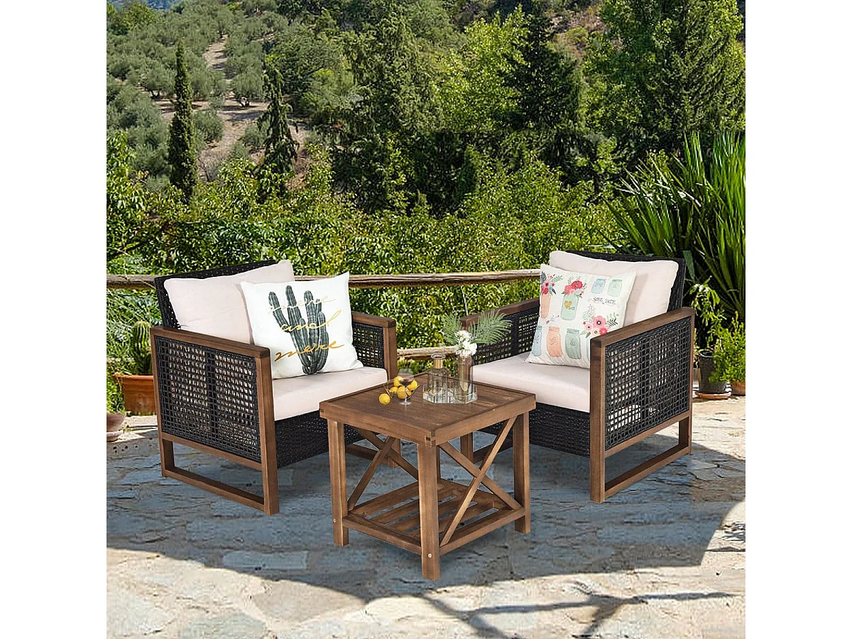 Set di 3 mobili da patio in rattan PE con cuscini lavabili, Set di tavolino in legno di acacia e 2 sedie Marrone
