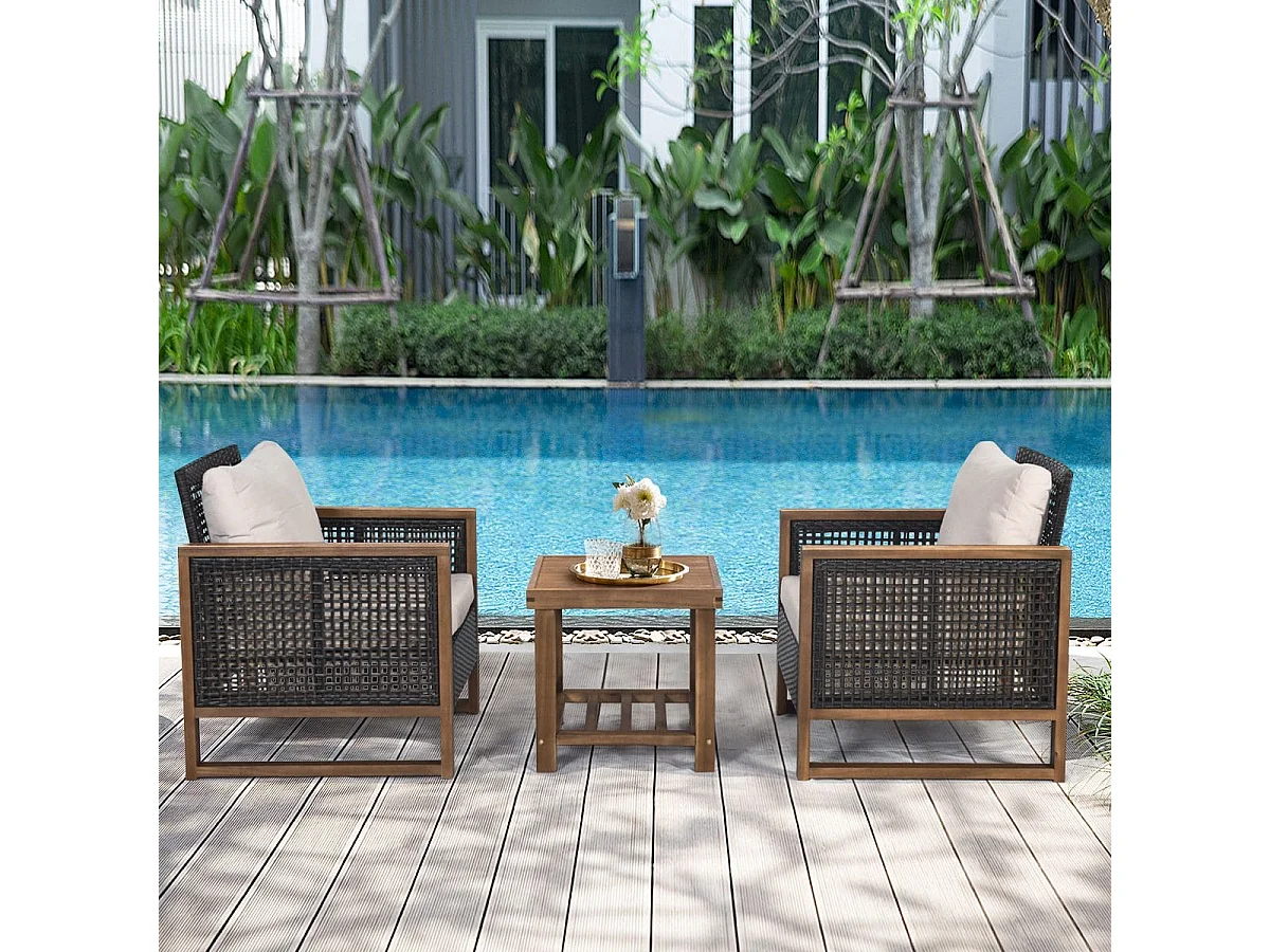 Set di 3 mobili da patio in rattan PE con cuscini lavabili, Set di tavolino in legno di acacia e 2 sedie Marrone