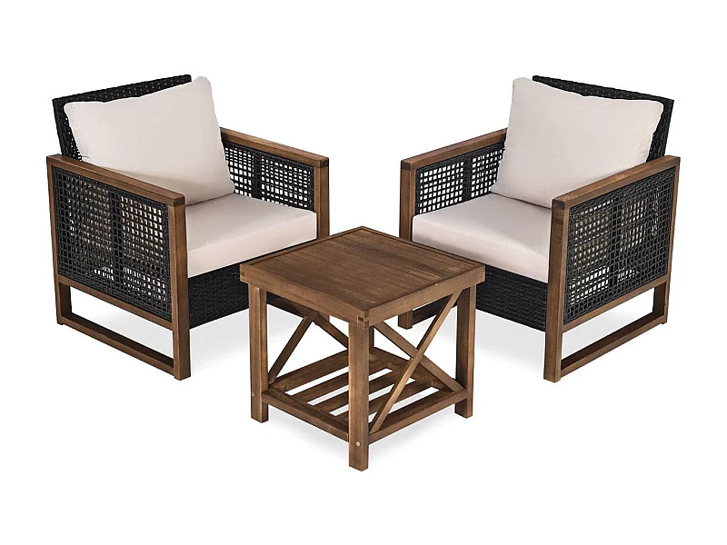 Set di 3 mobili da patio in rattan PE con cuscini lavabili, Set di tavolino in legno di acacia e 2 sedie Marrone