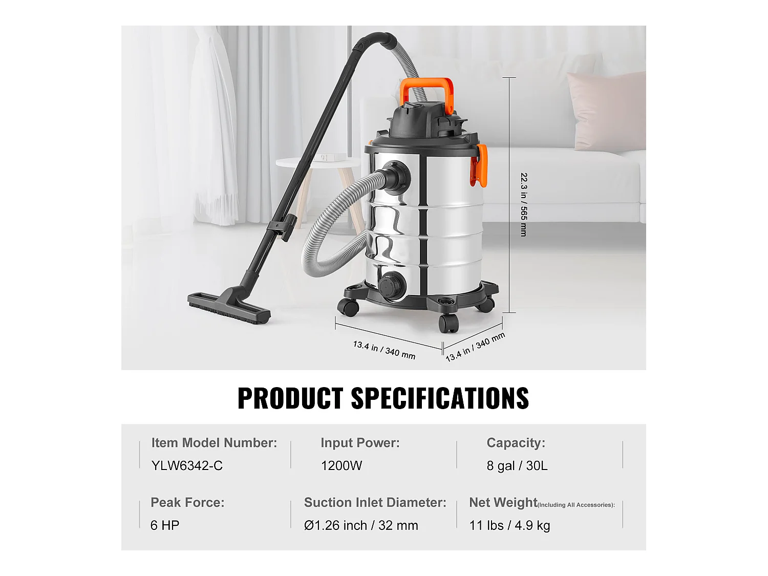 Aspirateur Eau et Poussiere Sec/Humide SucceBuy,4,47kW 30 L Buse Acier Inoxydable Argent