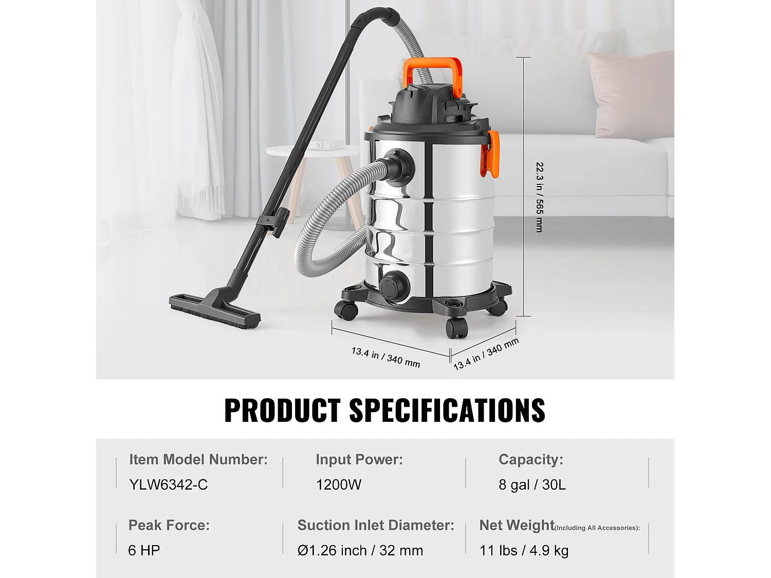 Trocken/Nass-Wasser- und Staubsauger SucceBuy, 4.47kW 30 L Düse Edelstahl Silber, für Alle Reinigungsarbeiten