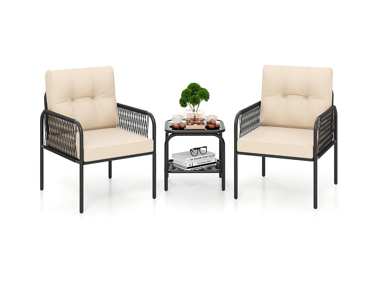 Rattan Gartenmöbel Set 3tlg. Balkonmöbel mit 2 Stühle & Tisch & Kissen Beige