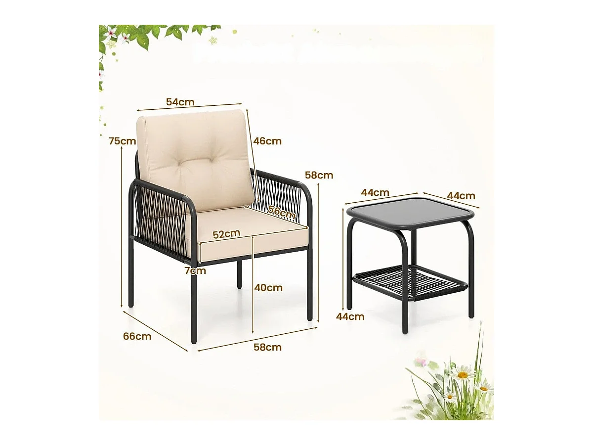 Rattan Gartenmöbel Set 3tlg. Balkonmöbel mit 2 Stühle & Tisch & Kissen Beige