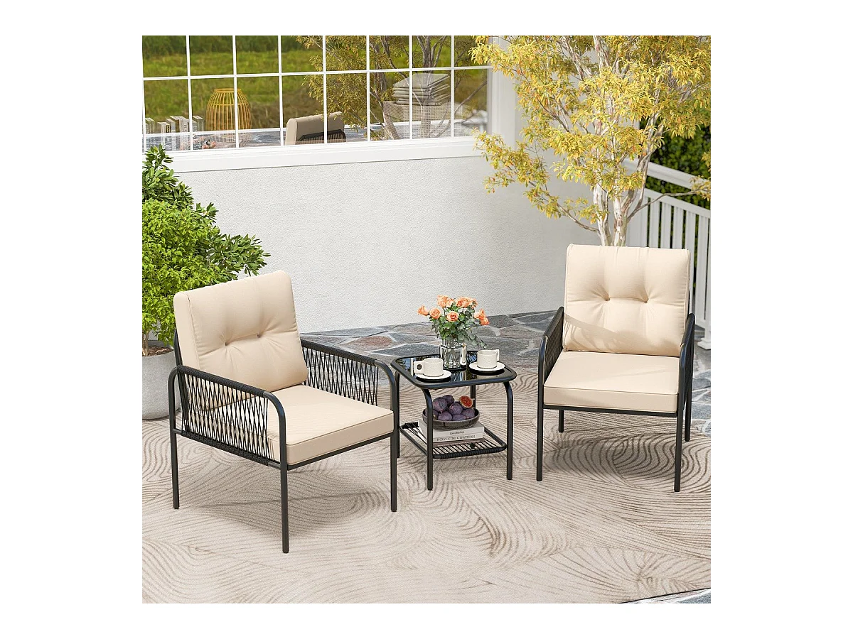 Rattan Gartenmöbel Set 3tlg. Balkonmöbel mit 2 Stühle & Tisch & Kissen Beige