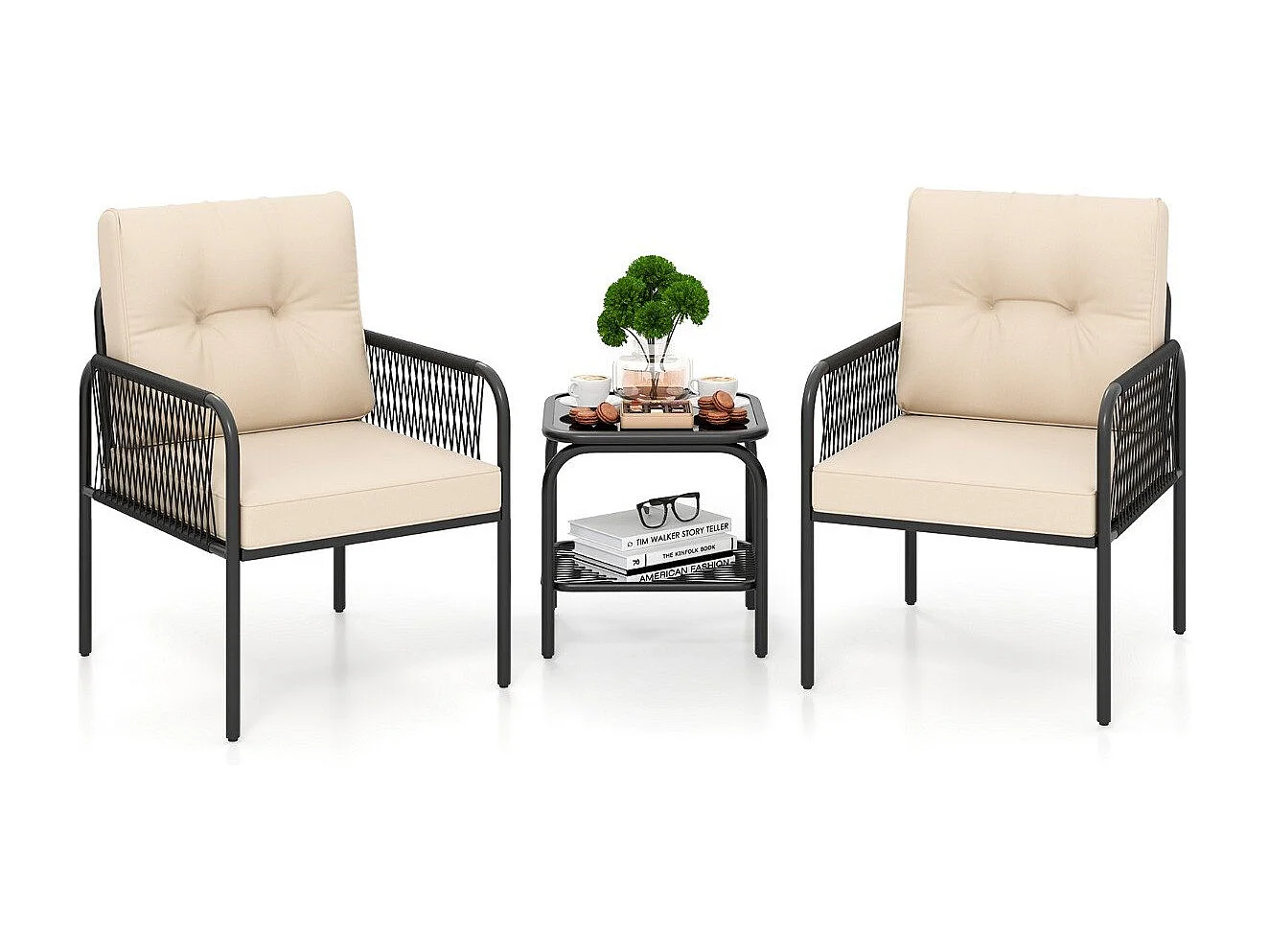 Rattan Gartenmöbel Set 3tlg. Balkonmöbel mit 2 Stühle & Tisch & Kissen Beige