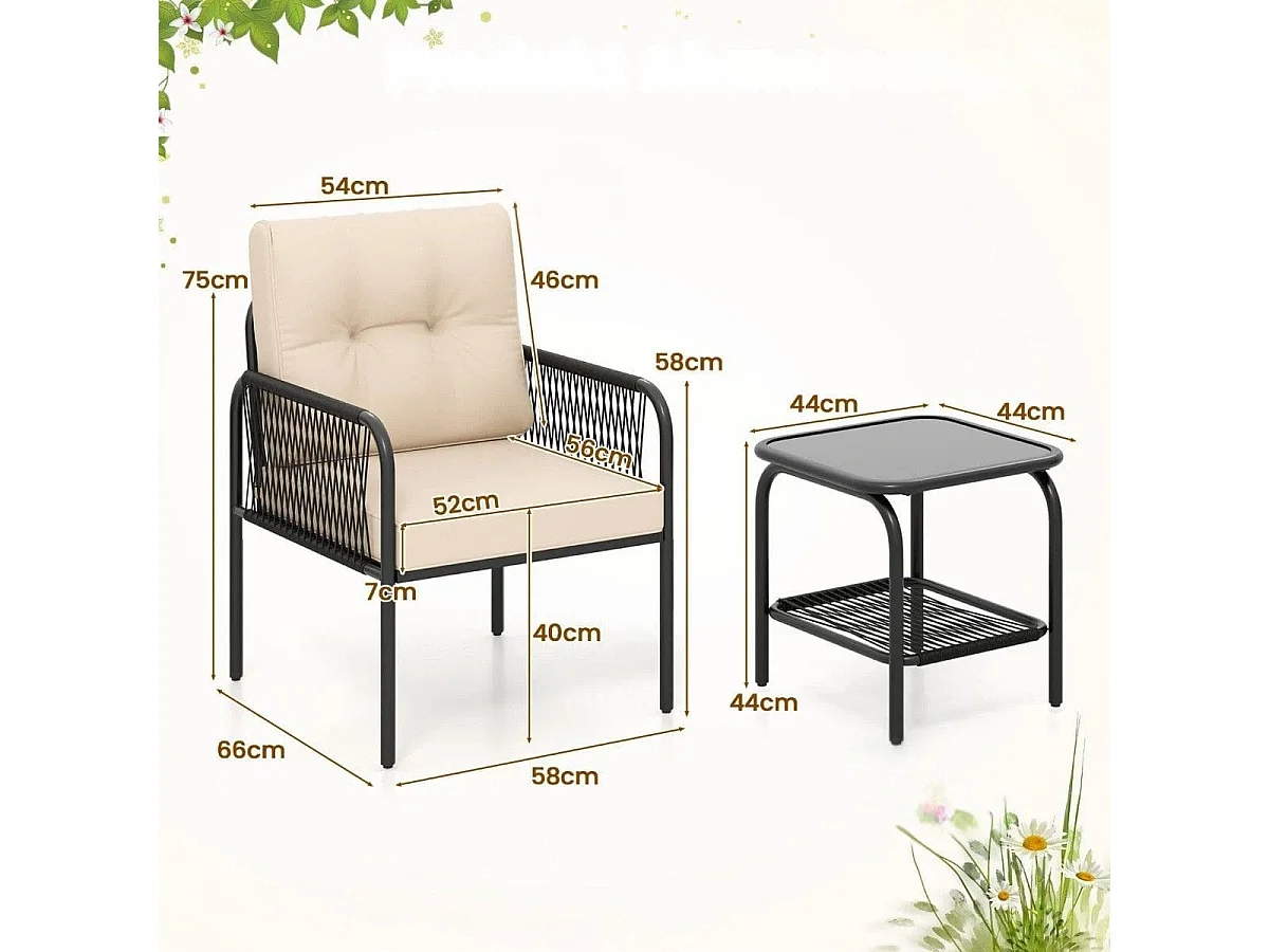 Rattan Gartenmöbel Set 3tlg. Balkonmöbel mit 2 Stühle & Tisch & Kissen Beige