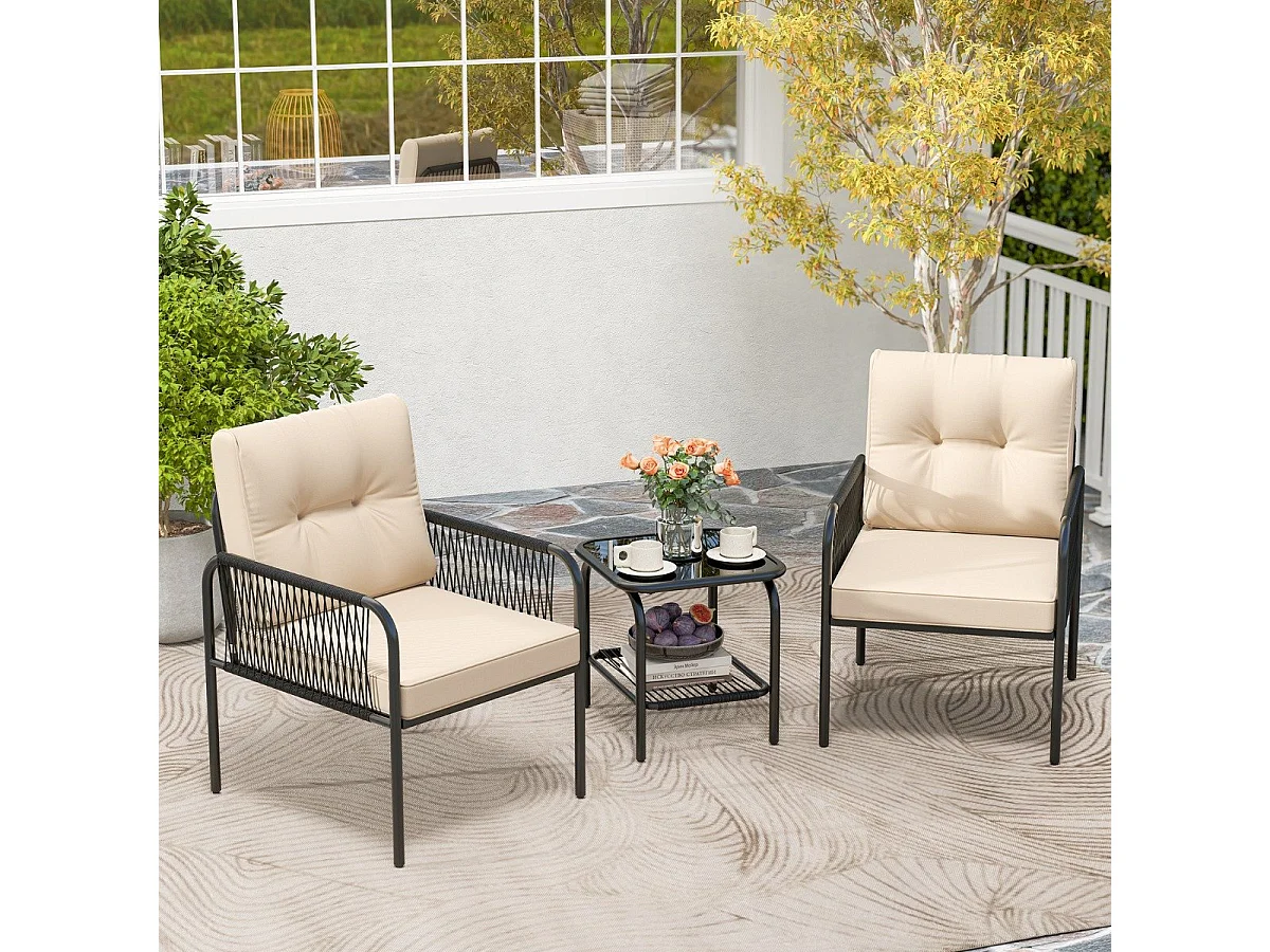 Rattan Gartenmöbel Set 3tlg. Balkonmöbel mit 2 Stühle & Tisch & Kissen Beige