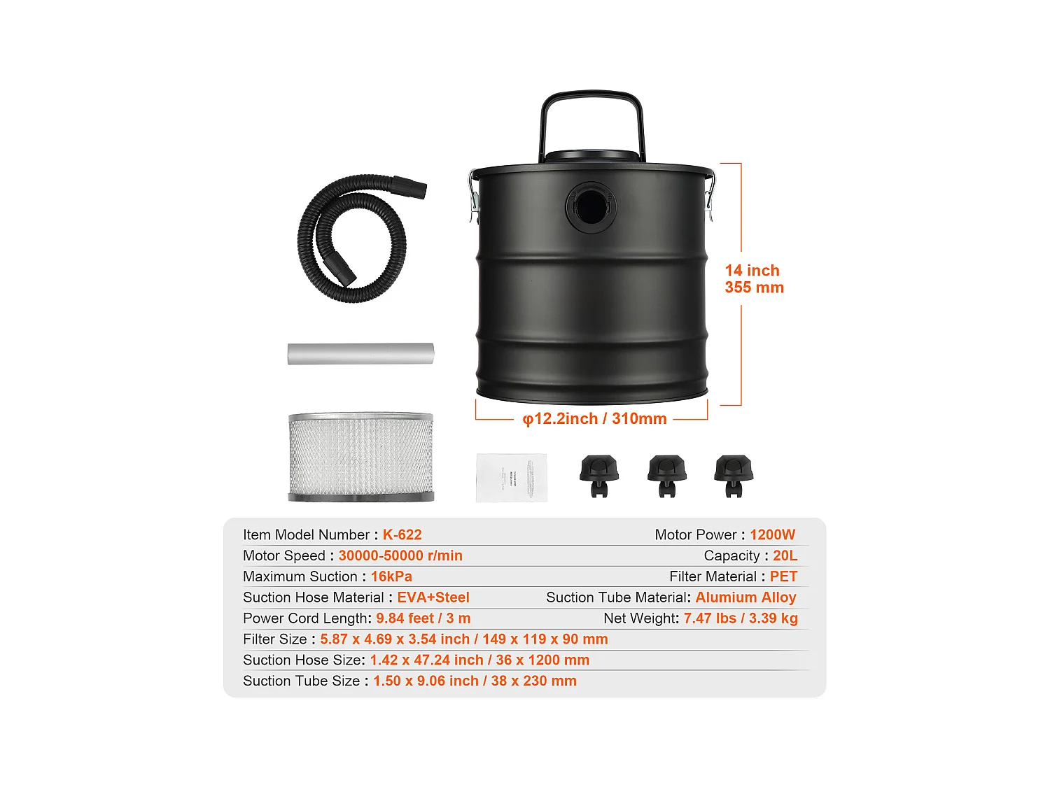 Aspirateur à cendres électrique 20L 1200W SucceBuy, Aspirateur Ash Vac, Cheminées, Poêles à Granulés, Grills, BBQ