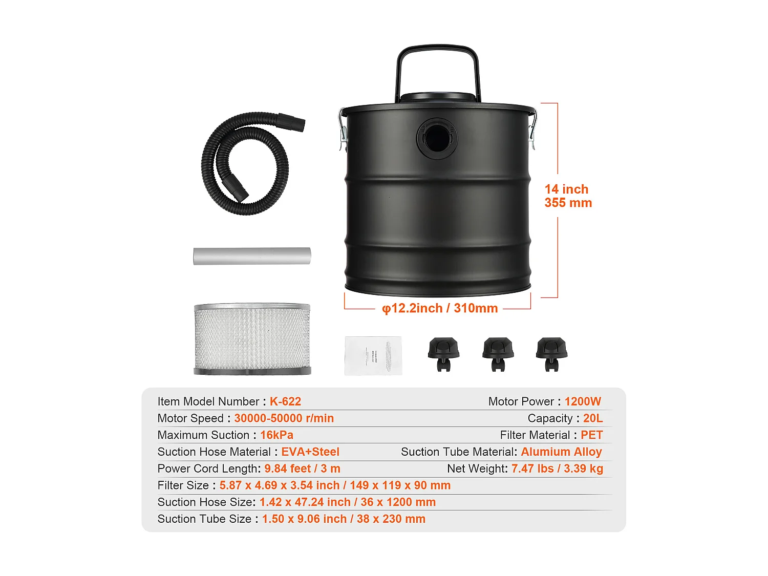 Aspirateur à cendres électrique 20L 1200W SucceBuy, Aspirateur Ash Vac, Cheminées, Poêles à Granulés, Grills, BBQ
