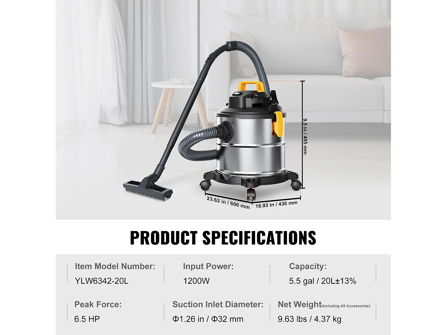 Droog/Wet Water- en Stofzuiger SucceBuy, 4.47kW 20 L Bus Roestvrij Staal Zilver + Zwart