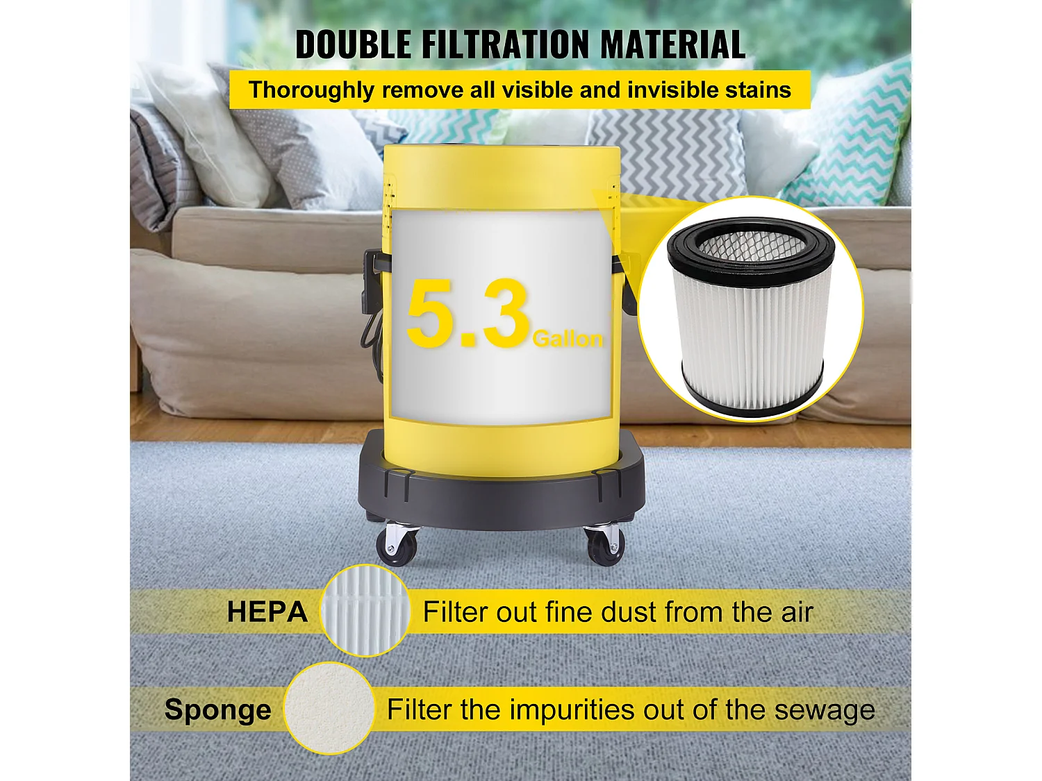 Aspirador SucceBuy 4 Em 1, 5,3 Galões, 2 HP de Pico, com Controlo Remoto