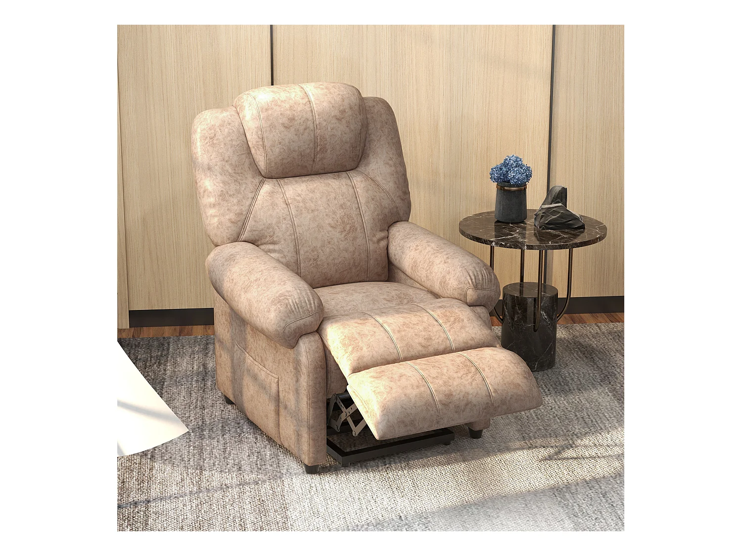 Poltrona relax reclinabile manualmente in tessuto e poggiapiedi beige