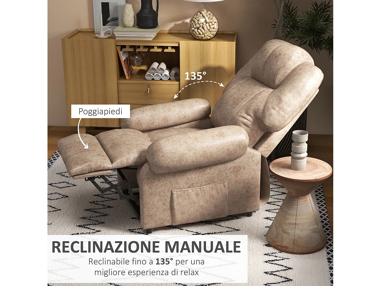 Poltrona relax reclinabile manualmente in tessuto e poggiapiedi beige