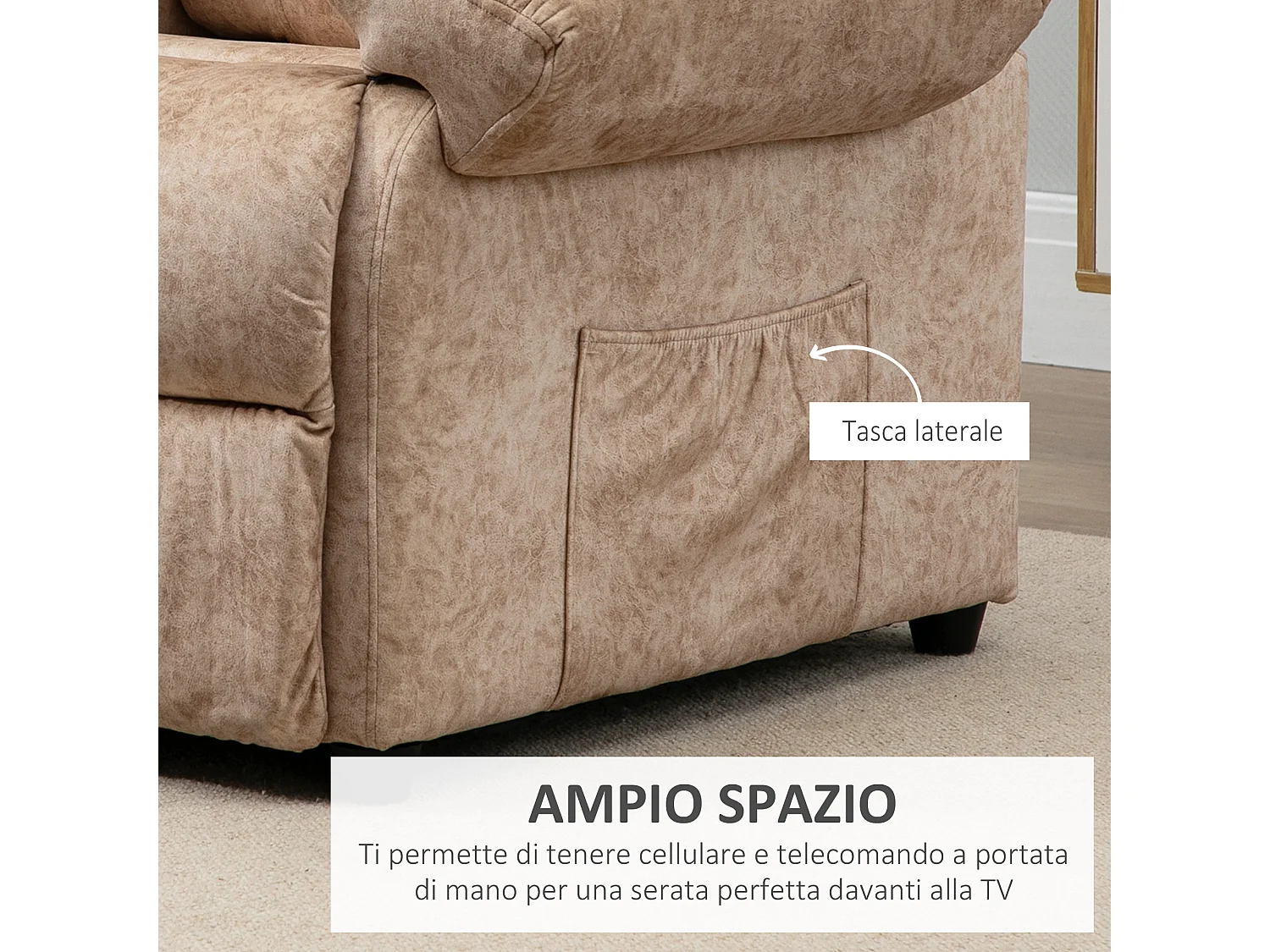 Poltrona relax reclinabile manualmente in tessuto e poggiapiedi beige