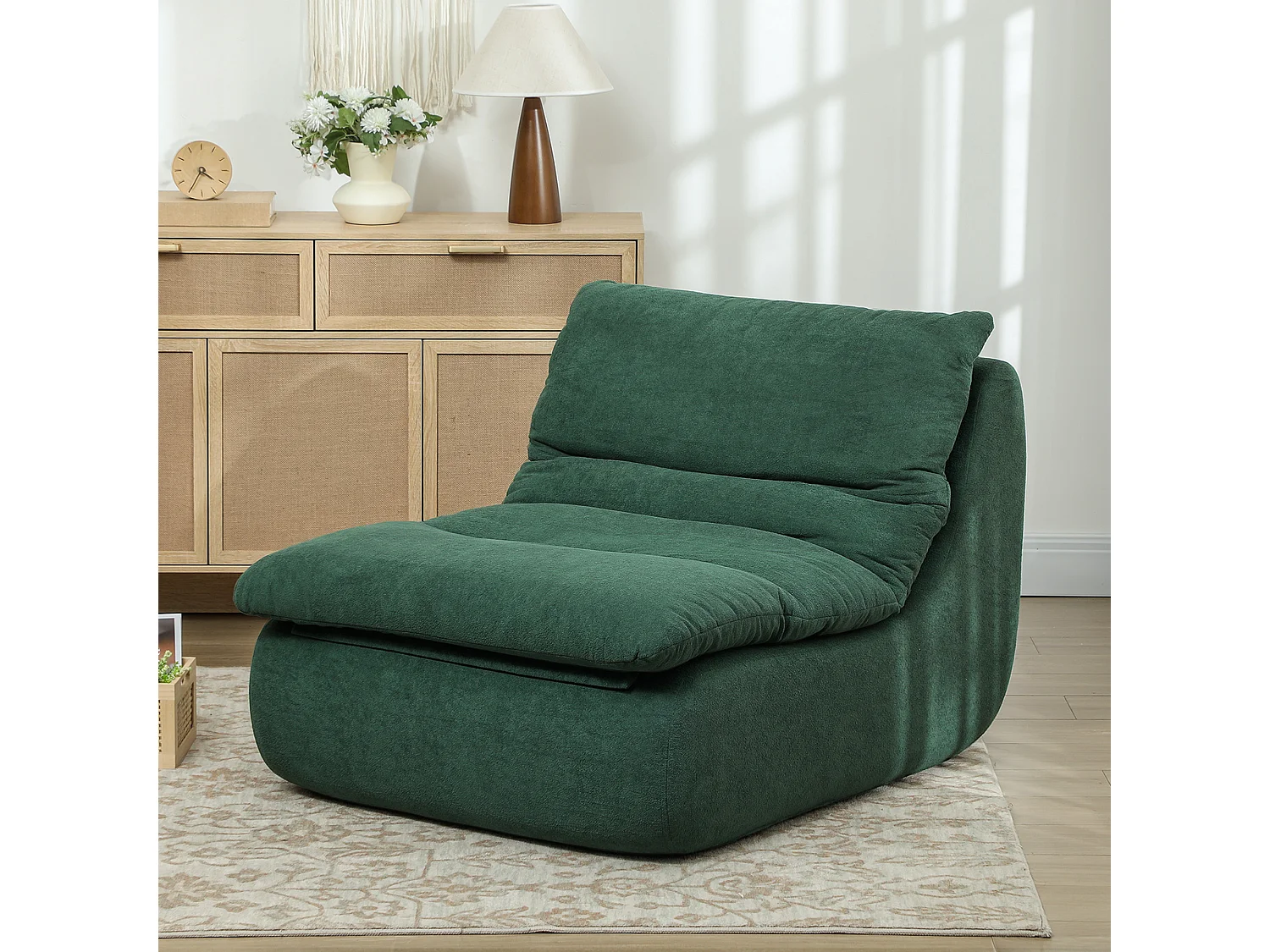 Sedia da terra moderna e imbottita in tessuto effetto velluto verde