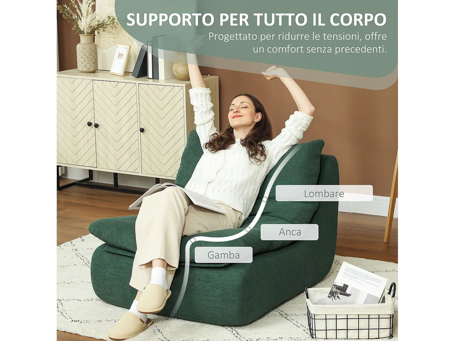 Sedia da terra moderna e imbottita in tessuto effetto velluto verde