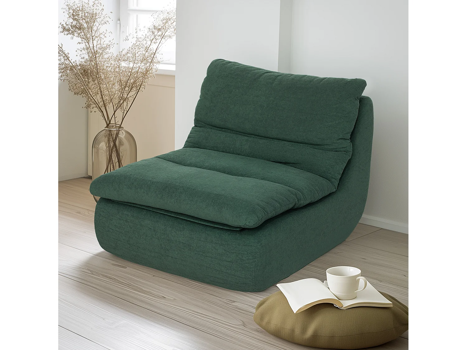 Sedia da terra moderna e imbottita in tessuto effetto velluto verde