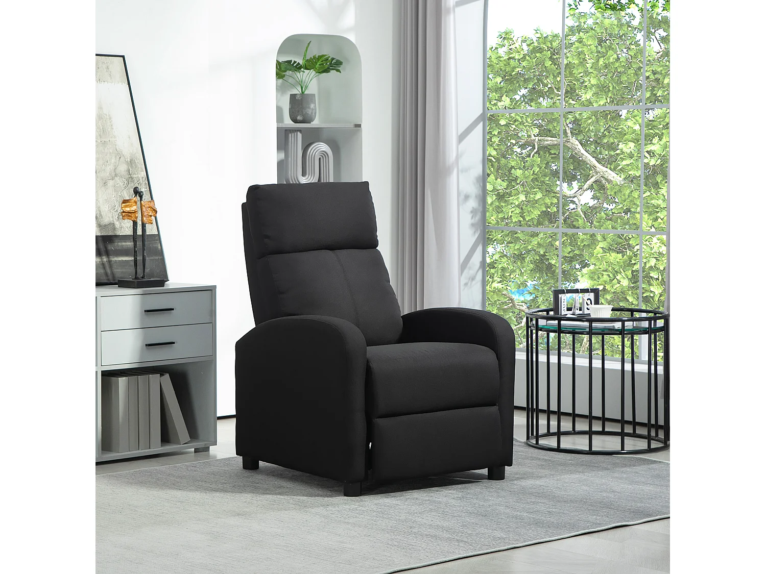 Poltrona relax imbottita con schienale reclinabile in lino nero