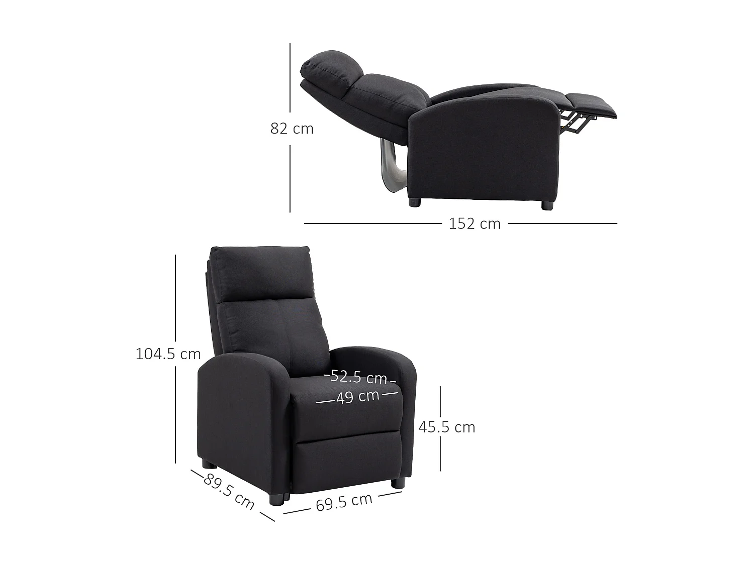 Poltrona relax imbottita con schienale reclinabile in lino nero