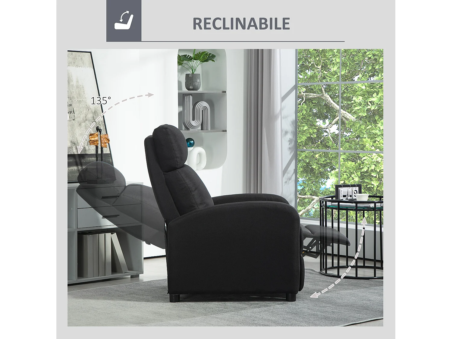 Poltrona relax imbottita con schienale reclinabile in lino nero