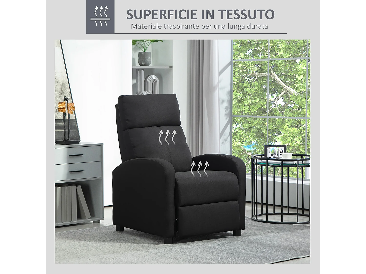 Poltrona relax imbottita con schienale reclinabile in lino nero