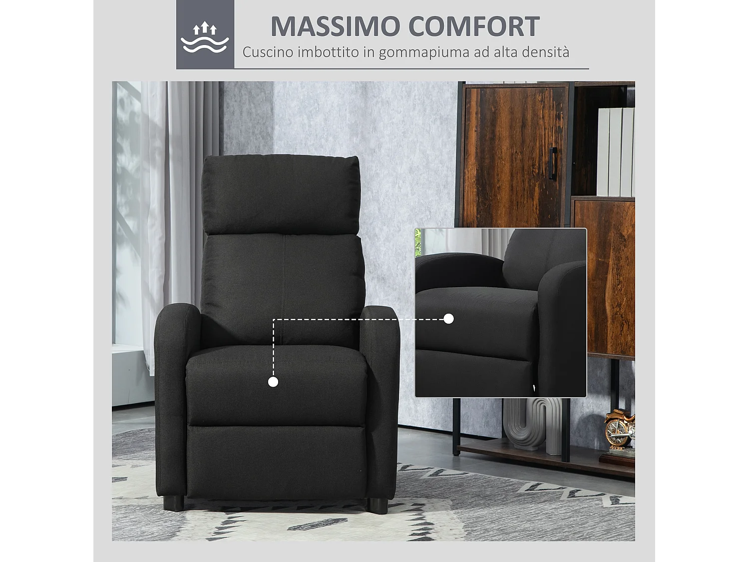 Poltrona relax imbottita con schienale reclinabile in lino nero