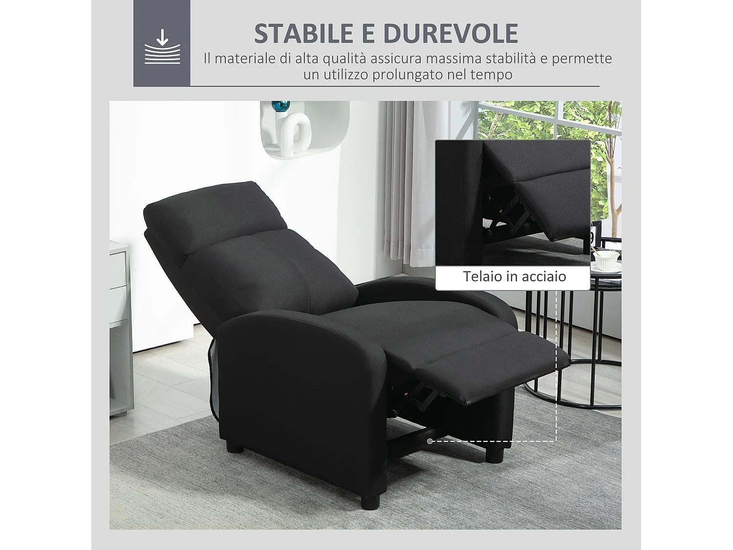 Poltrona relax imbottita con schienale reclinabile in lino nero