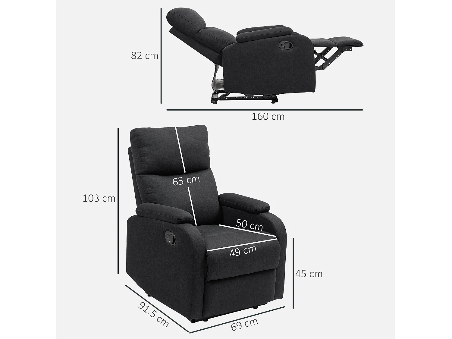 Poltrona reclinabile manualmente con poggiapiedi in tessuto nero