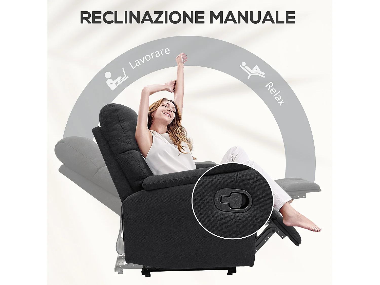 Poltrona reclinabile manualmente con poggiapiedi in tessuto nero