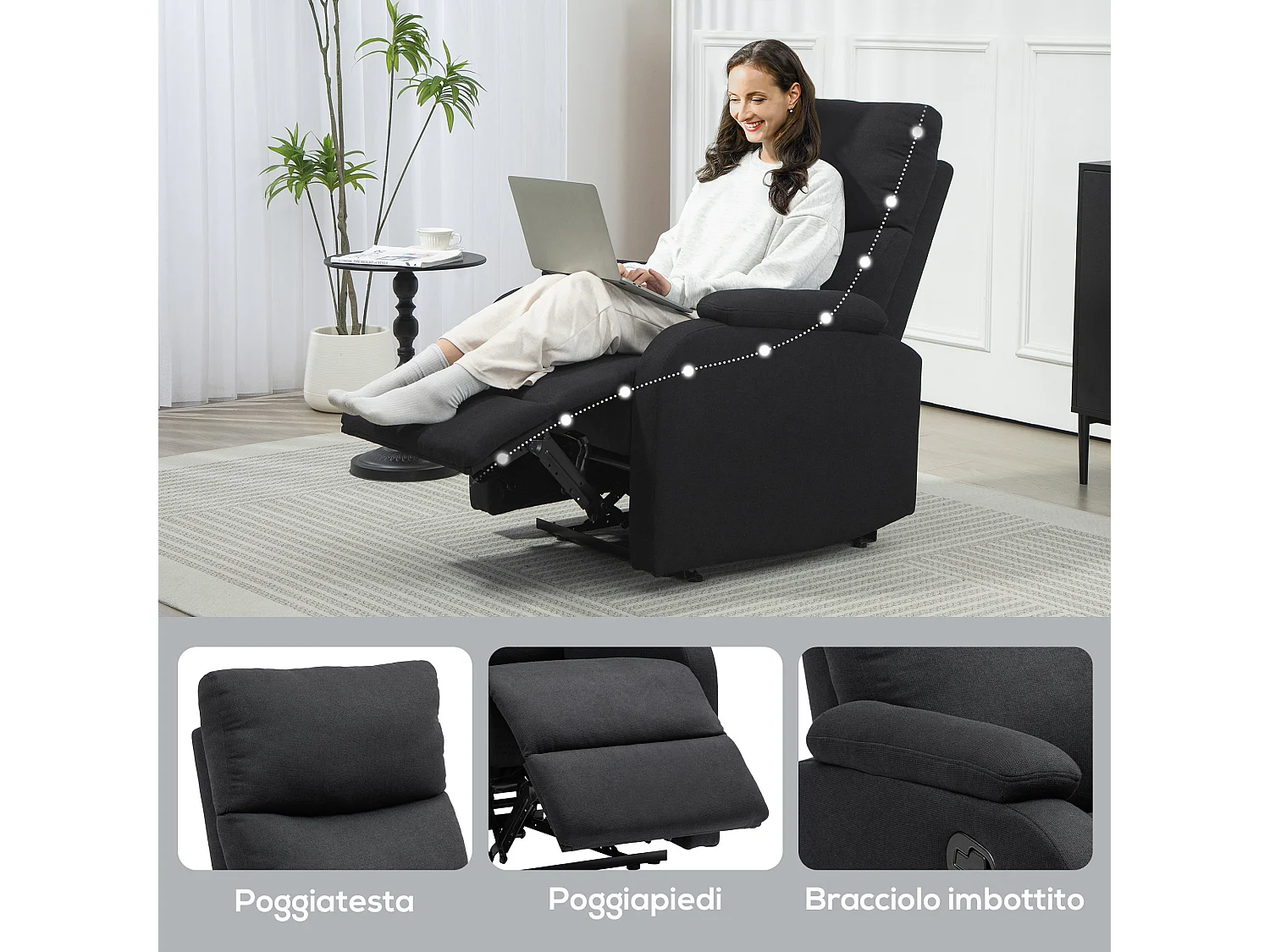 Poltrona reclinabile manualmente con poggiapiedi in tessuto nero