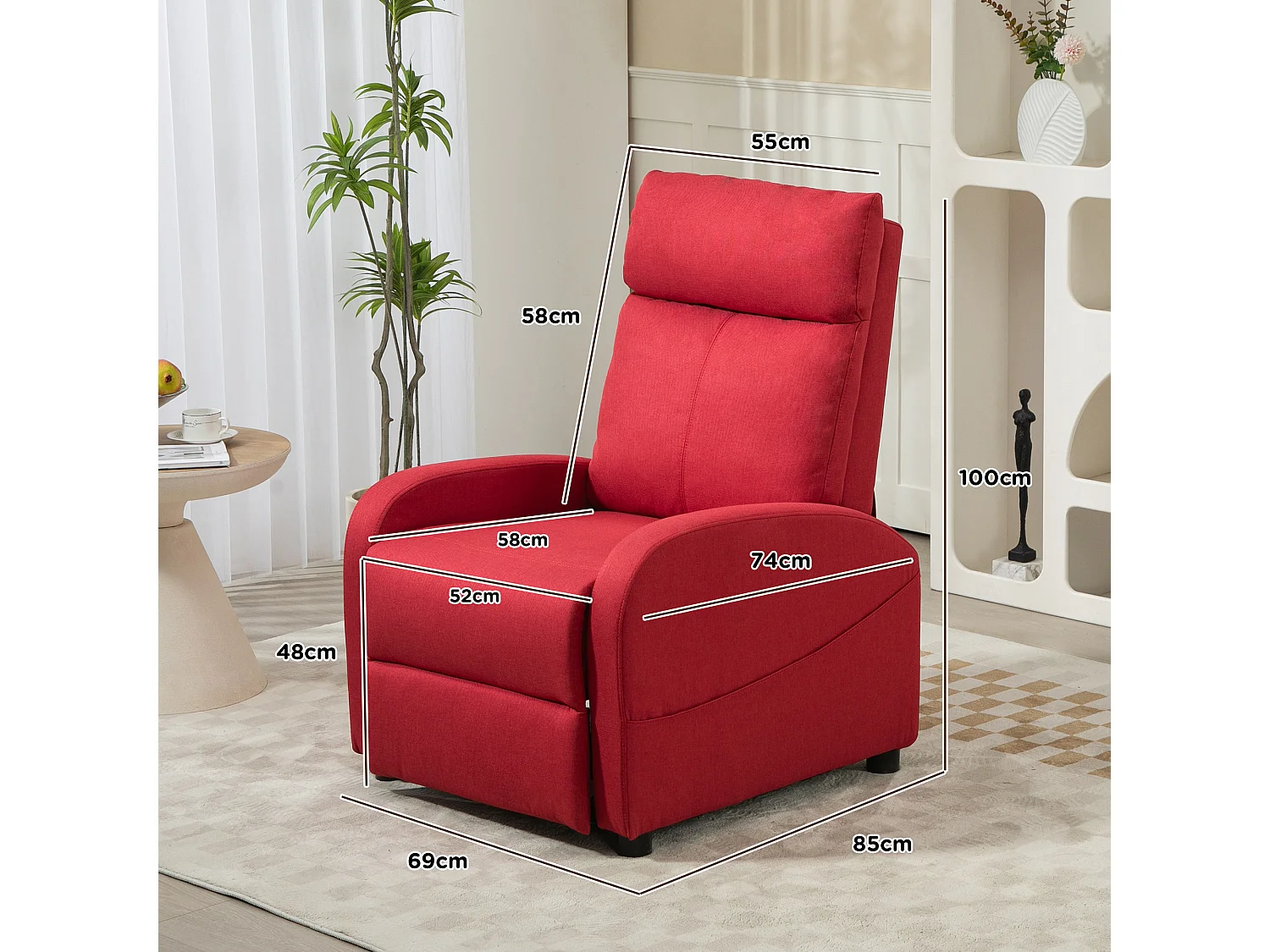 Poltrona relax reclinabile con poggiapiedi in tessuto rosso