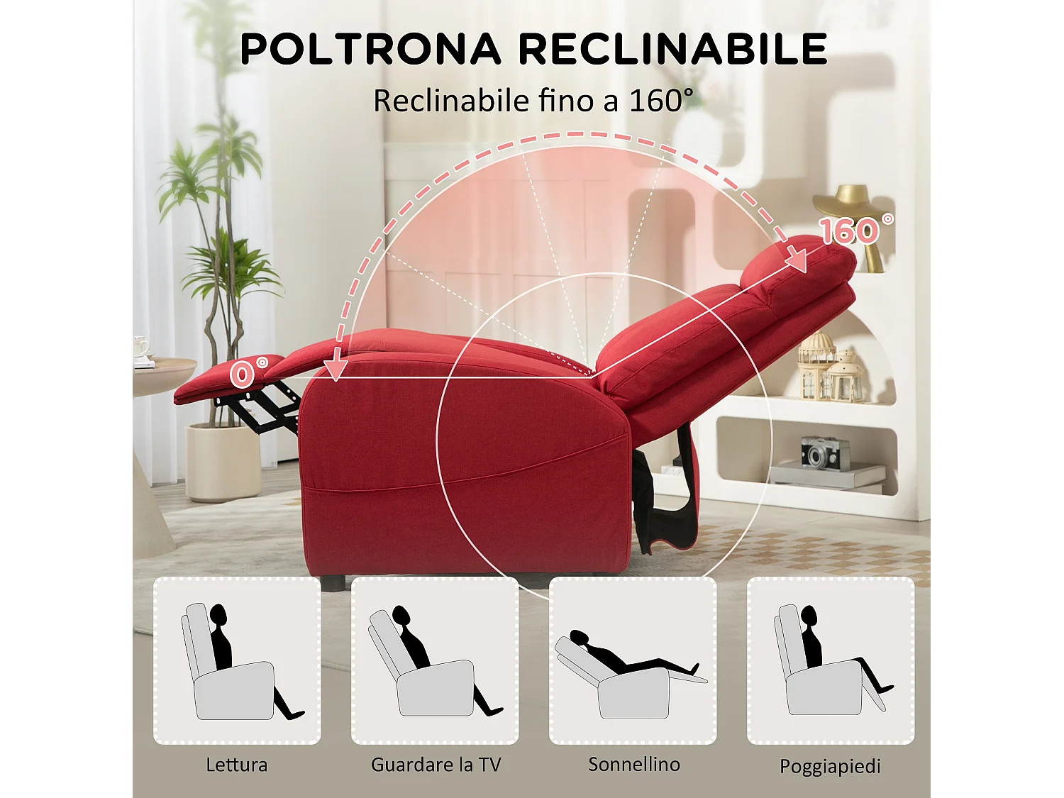 Poltrona relax reclinabile con poggiapiedi in tessuto rosso