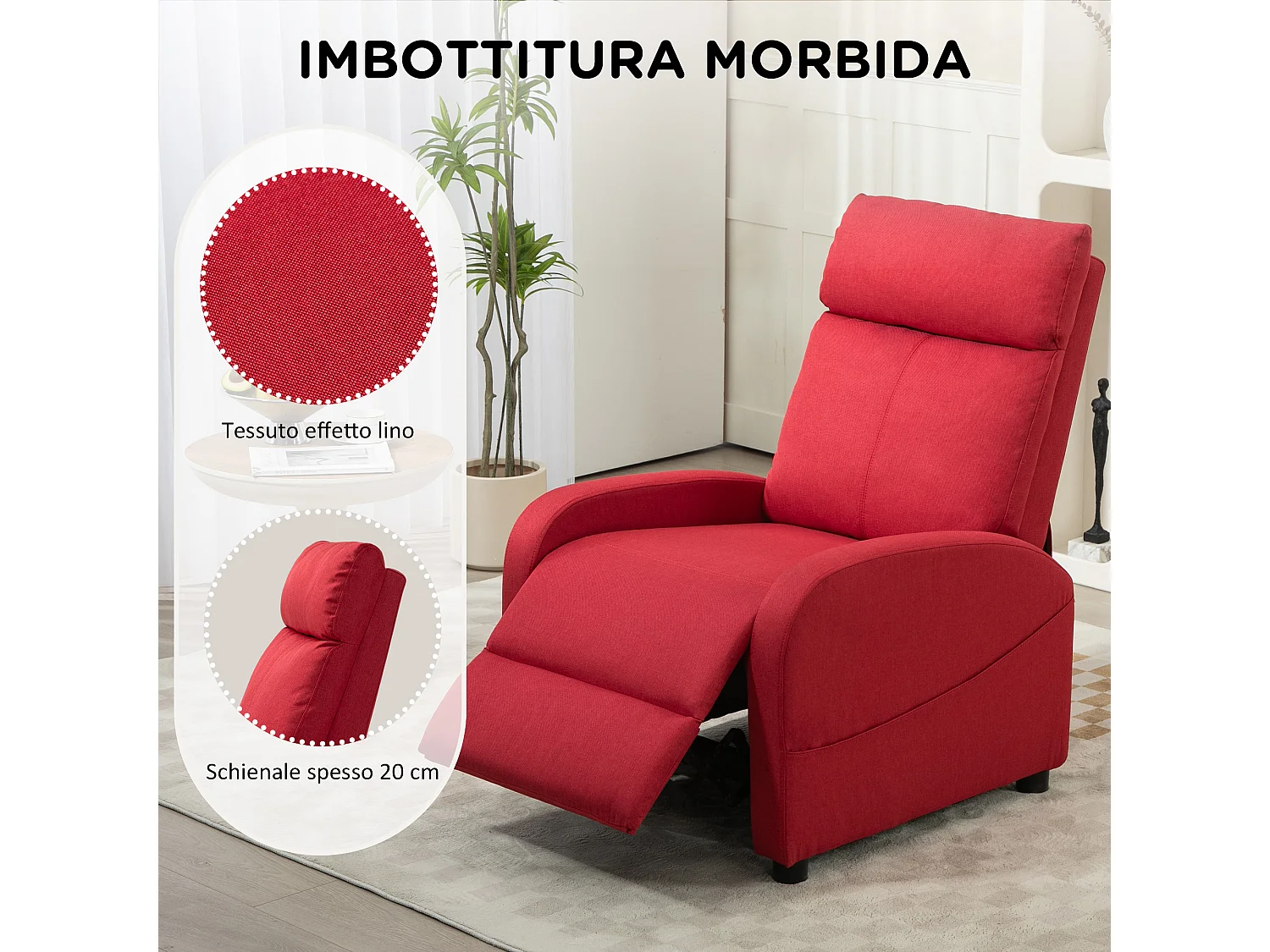 Poltrona relax reclinabile con poggiapiedi in tessuto rosso