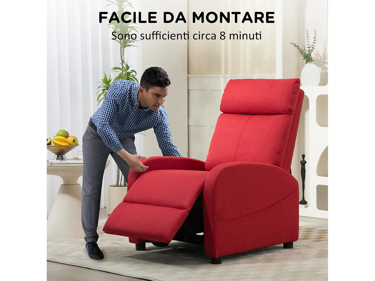 Poltrona relax reclinabile con poggiapiedi in tessuto rosso