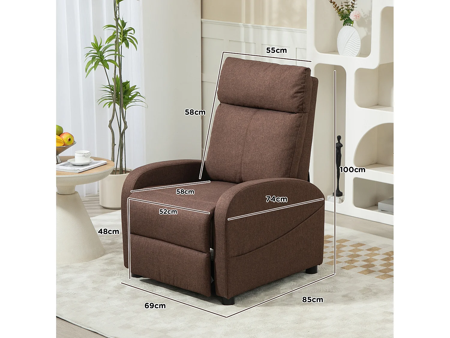 Poltrona relax reclinabile con poggiapiedi in tessuto marrone