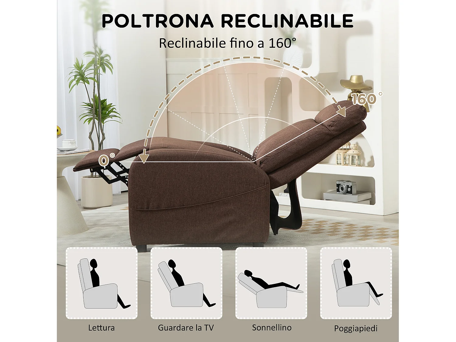 Poltrona relax reclinabile con poggiapiedi in tessuto marrone