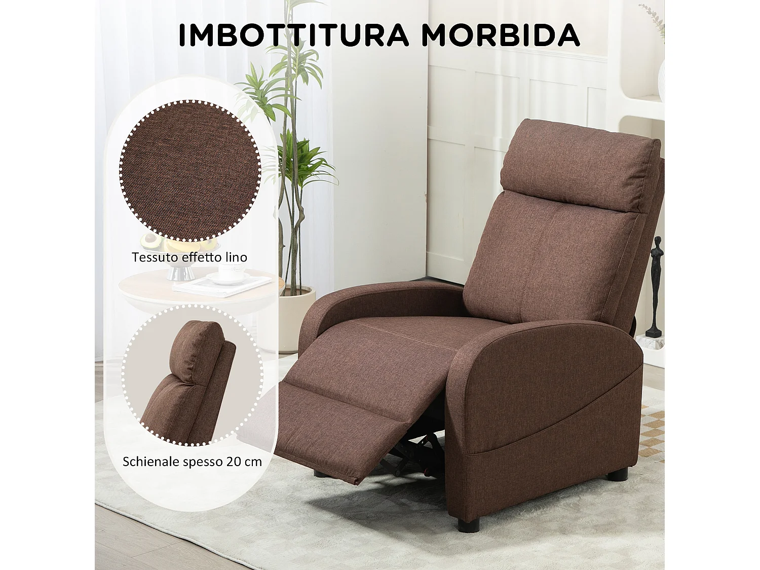 Poltrona relax reclinabile con poggiapiedi in tessuto marrone