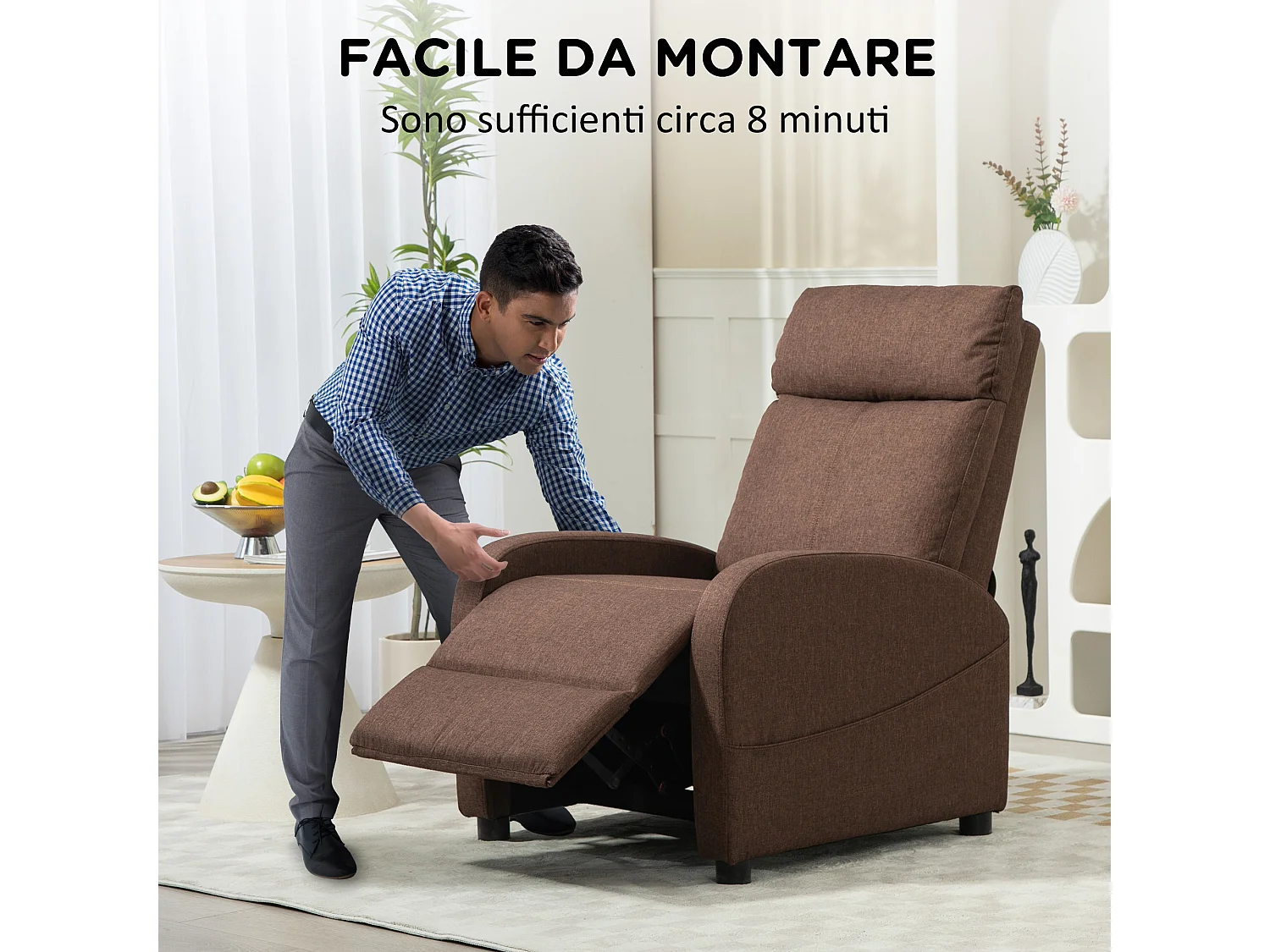 Poltrona relax reclinabile con poggiapiedi in tessuto marrone